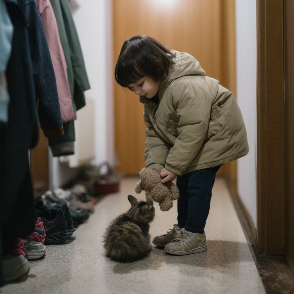 Маленькая девочка играет с котёнком в прихожей