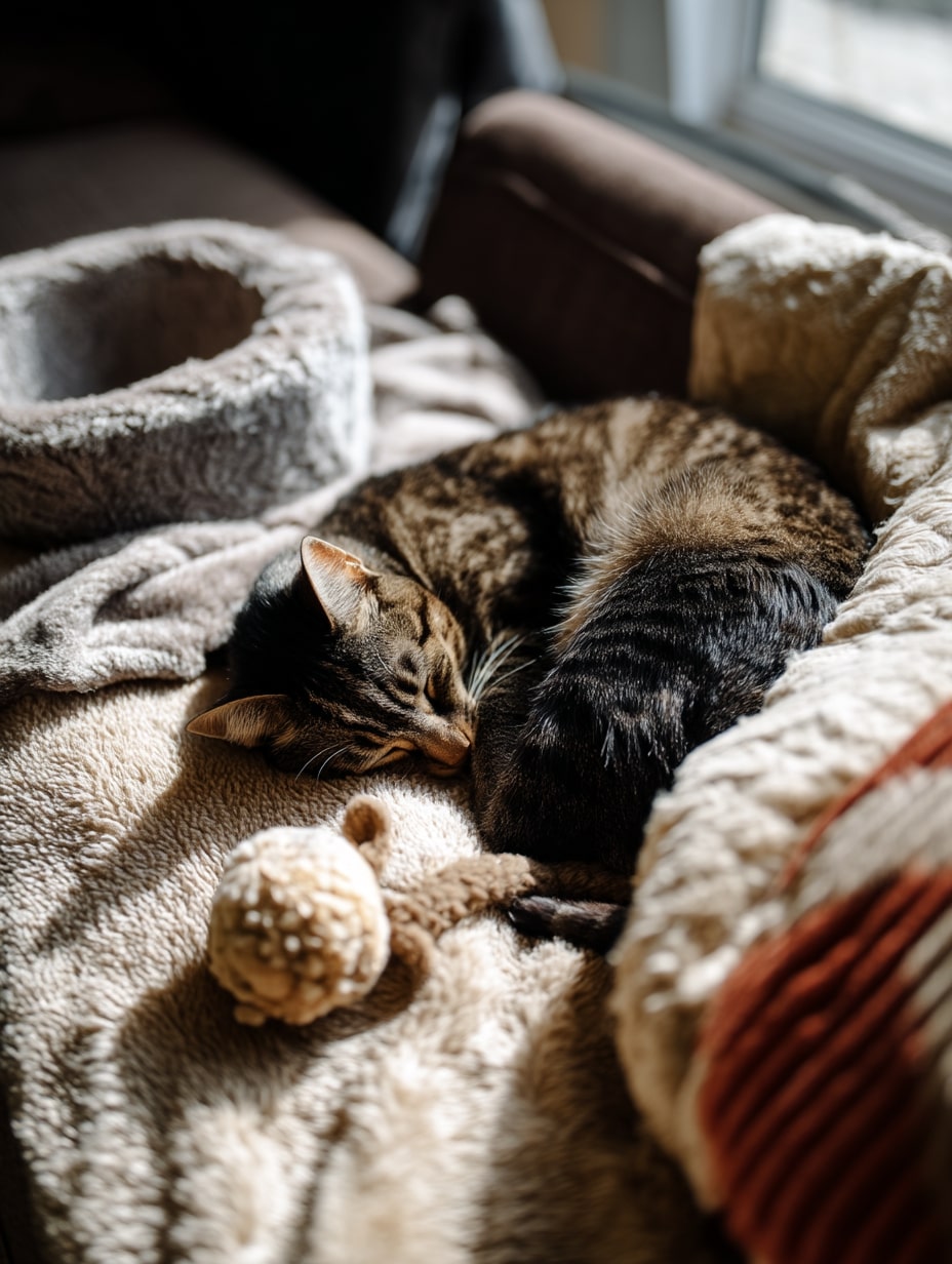 Кошка уютно спит на мягком покрывале рядом с игрушкой